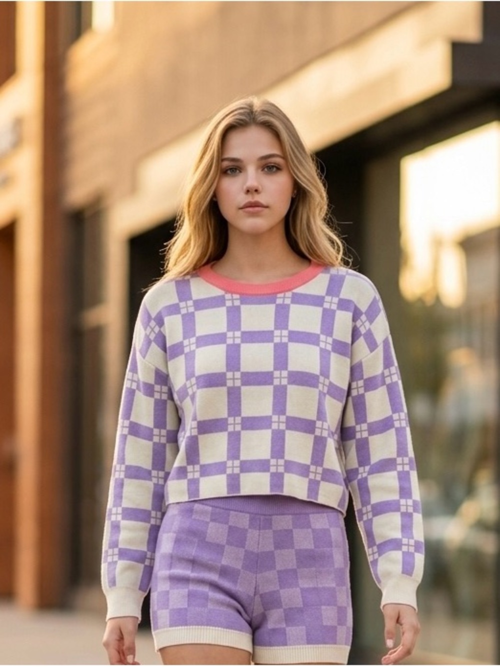Anthropologie Daily Practice Checkered Knit Sweater Purple Cream M